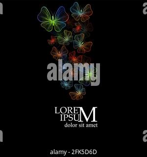 Bunte anmutige Schmetterlinge aus den Linien auf einem schwarzen Hintergrund. Vektorgrafik Stock Vektor