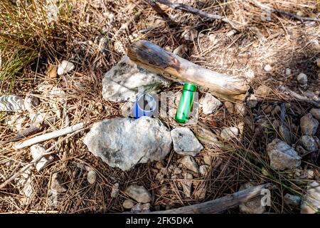 Geocache versteckt in einem Wald von Suchenden gefunden Stockfoto