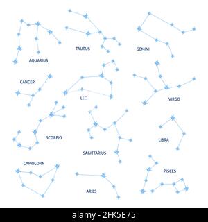 Sternbild Sternbild Symbole Sammlung isoliert auf weißem Hintergrund. 12 verbindet leuchtende Sternastrologie-Zeichen mit Titeln. Vektorgrafik. Stock Vektor