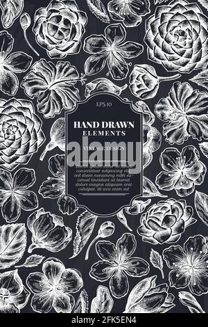 Kartendesign mit Kreide-Hibiskus, Pflaumenblüten, Pfirsichblüten, Sakura-Blüten, Magnolienblüten, camellia japonica Stock Vektor