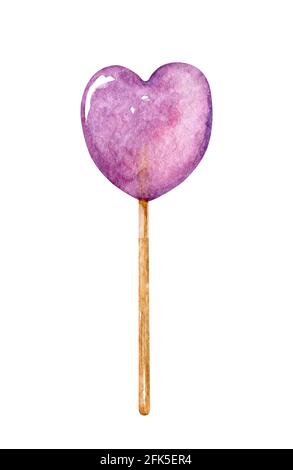 Aquarell lila herzförmiger Lollipop. Beerenbonbon auf einem Stock isoliert auf weißem Hintergrund. Handgezeichnete Illustration. Perfekt für Ihre Projekte, Karten, Dekorationen, Abdeckungen, Menü. Stockfoto