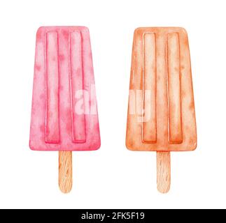 Aquarell-Set aus Eis auf Stöcken. Erdbeer- und Karamell-Eis-Pops isoliert auf weißem Hintergrund. Handgezeichnete Clipart-Illustration. Perfekt für Karten, Menüs, Drucke, Dekorationen, Covers. Stockfoto