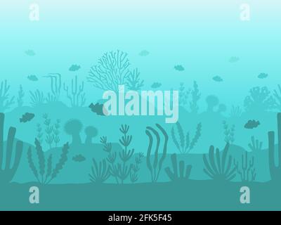 Nahtloser Meeresboden. Unterwasser-Korallenriff Silhouette mit Meerespflanzen, Fischen und Algen. Flache Meereslandschaft mit Unterwasserleben-Vektor-Muster Stock Vektor