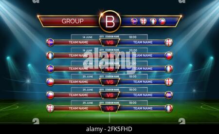 Fußball-WM-Zeitplan. Fußball-Kalender für Spiele in der Gruppe. Tabelle mit Datum, Standort und Länderflaggen auf Stadion, Vektorvorlage Stock Vektor