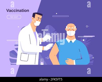 Vektorgrafik Darstellung eines männlichen Arztes impft einen alten Mann Patient gegen Coronavirus Stock Vektor