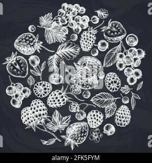 Rundes Design mit Kreideerdbeere, Heidelbeere, roter Johannisbeere, Himbeere, Brombeere Stock Vektor