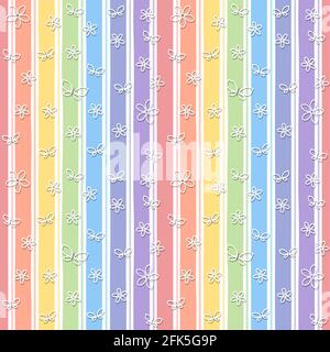 Nahtloses Muster mit Schmetterlingen und Blumen auf dem Hintergrund von Regenbogenfarben. Cartoon flachen Stil.Vektor-Illustration Stockfoto