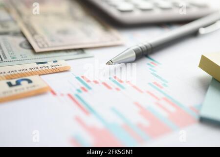 Geld- und Kugelschreiber liegen auf Dokumenten mit Diagrammen aus der Nähe Stockfoto