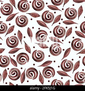 Modisches Nahtloses Muster mit braunen Blüten und Blättern auf Weiß. Boho Aquarellrosen, Pfingstrosen in trendigen Erdfarben, Tönen. Botanische Abbildung Stockfoto