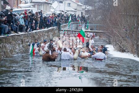 Epiphany Traditionen - Jordan Day. Am 6. Januar 2015, Kalofer, Bulgarien, tanzen Männer im eisigen Wasser des Tundzha-Flusses Stockfoto