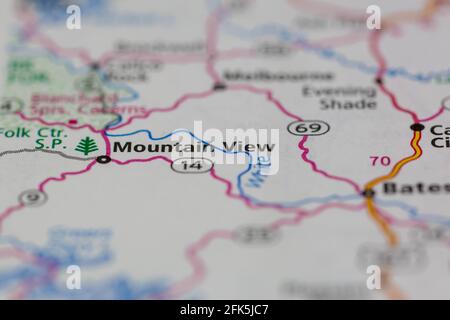 Mountain View Arkansas USA auf einer Geographie-Karte oder angezeigt Straßenkarte Stockfoto