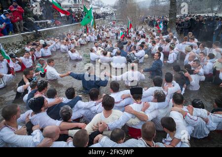 Epiphany Traditionen - Jordan Day. Am 6. Januar 2015, Kalofer, Bulgarien, tanzen Männer im eisigen Wasser des Tundzha-Flusses Stockfoto