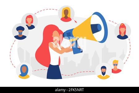 Social-Media-Community, Empfehlungsprogramm-Konzept mit Frau Influencer und Megaphon Stock Vektor