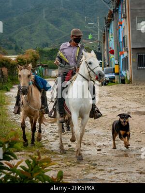Guatapé, Antioquia, Kolumbien - April 4 2021: Schwarzer kleiner Hund bänkt einen lateinischen Mann an, der ein Pferd reitet und ein anderes Pferd zur Miete mitbringt Stockfoto