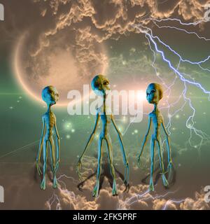 Drei Aliens in Wolken. Sci-Fi-Komposition. 3D-Rendering. Stockfoto