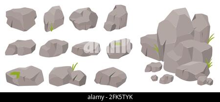 Steinfelsen-Set, dekorative einzelne, gestapelte Steine in verschiedenen Formen mit Naturrasen Stock Vektor