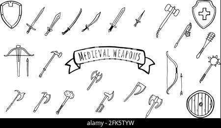 Mittelalterlicher Waffensatz aus Schwertern, Äxten, Hämmern, Schilden im Doodle-Stil isoliert Stock Vektor