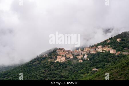 Bergdorf Belgodere, umgeben von Wäldern in der Balagne Region Korsika unter einer Decke von niedrigen Wolken Stockfoto