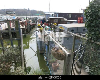 Anlegestellen und Anlegestellen für Hausboote am Ufer des Flusses Deben, während Sie den Fußweg zwischen Melton und Woodbridge entlang gehen. Stockfoto