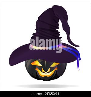 Schwarzer Kürbis für Halloween in Hexenkappe. Isoliert auf weißem Hintergrund. Vektorgrafik. Stock Vektor