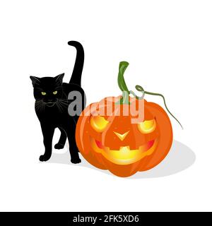 Eine schwarze junge Katze steht neben einem Jack-o'-Laterne-Kürbis. Herbstillustration für Halloween oder Grußkarten. Vektor-Clip-Art isoliert auf einem weißen Stock Vektor