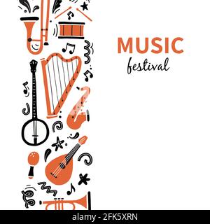 Handgezeichnete Banner für Musikfestival mit Musikinstrument. Doodle-Skizzenstil. Vektor-Illustration forsic Festival Flyer, Broschüre Hintergrund Stock Vektor