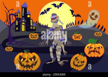Halloween-Nacht mit Mumie, Zombie, Fledermäusen, bösen Kürbissen, altem Schloss und Geist im Vollmond. Vektorgrafik im Cartoon-Stil. Stock Vektor