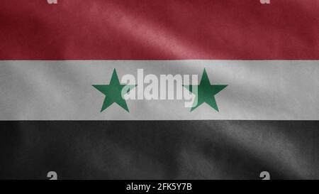 Syrische Flagge winkt im Wind. Nahaufnahme eines Transparents aus Syrien, weiche und glatte Seide. Stoff Stoff Textur Fähnrich Hintergrund. Stockfoto