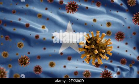 3D, das Grippevirus, das über der somalischen Flagge schwebt, einem Erreger, der die Atemwege angreift. Somalische Banner winken mit einer Pandemie des Covid19-Virus in Stockfoto