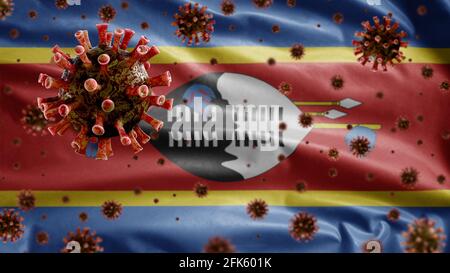 3D, das Grippe-Coronavirus, das über der Swasiland-Flagge schwebt, einem Erreger, der die Atemwege angreift. Das Banner von Eswatini winkt mit einer Pandemie des Covid19-Virus Stockfoto