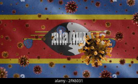 3D, das Grippe-Coronavirus, das über der Swasiland-Flagge schwebt, einem Erreger, der die Atemwege angreift. Das Banner von Eswatini winkt mit einer Pandemie des Covid19-Virus Stockfoto