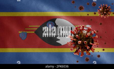 3D, Swasiland-Flaggenschwenken und Coronavirus 2019 NCoV-Konzept. Asiatischer Ausbruch in Eswatini, Coronaviren Influenza als gefährliche Grippe-Stamm Fälle wie ein pa Stockfoto