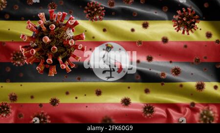 3D, das Grippe-Coronavirus, das über der ugandischen Flagge schwebt, einem Erreger, der die Atemwege angreift. Uganda-Banner winkt mit einer Pandemie des Covid19-Virus inf Stockfoto