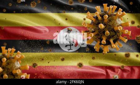 3D, ugandische Flagge winkt mit Coronavirus-Ausbruch, der die Atemwege als gefährliche Grippe infiziert. Influenza-Typ-Covid-19-Virus mit landesweiter Uganda-BA Stockfoto