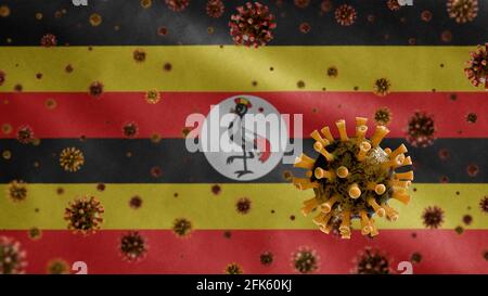 3D, das Grippe-Coronavirus, das über der ugandischen Flagge schwebt, einem Erreger, der die Atemwege angreift. Uganda-Banner winkt mit einer Pandemie des Covid19-Virus inf Stockfoto