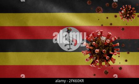 3D, ugandische Flagge winkt mit Coronavirus-Ausbruch, der die Atemwege als gefährliche Grippe infiziert. Influenza-Typ-Covid-19-Virus mit landesweiter Uganda-BA Stockfoto