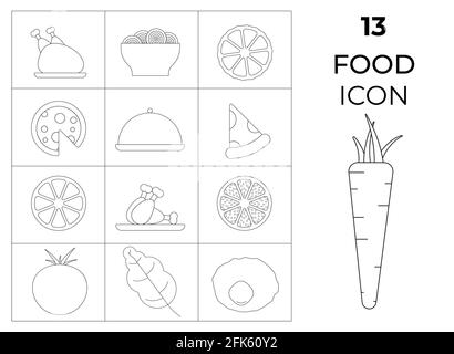 Set von 13 schwarz-weißen Lebensmittel-Symbole - Tomaten, Karotten, Huhn, Pizza, Salat. Vektorgrafik Stock Vektor