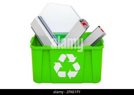 Recycling-Abfallbehälter mit Kunststoff-Fensterprofil. 3D-Rendering auf weißem Hintergrund isoliert Stockfoto