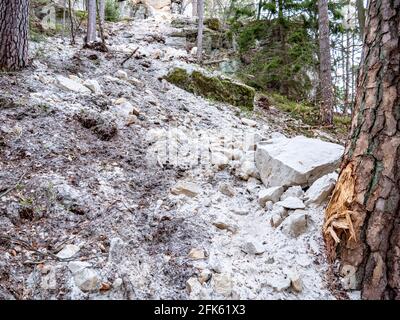 Eingestürzte Felsbrocken fallen von Sandsteinfelsen und Erdrutsch blockiert Waldweg. Gefahrenstelle Cesky raj Park, nördlich von Tschechien. Stockfoto