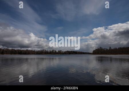 Schöner großer See in lettischen Wäldern gefunden Stockfoto