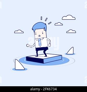 Geschäftsmann, der auf einer Aktentasche im Meer steht und von Haien umgeben ist. Cartoon-Figur dünne Linie Stil Vektor. Stock Vektor