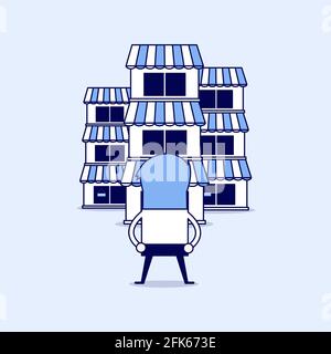 Geschäftsmann mit vielen Franchise-Shop. Cartoon-Figur dünne Linie Stil Vektor. Stock Vektor