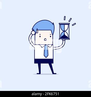 Ein Geschäftsmann, der Sanduhr oder Sanduhr hält, sieht aus und erkennt, dass es fast Zeit ist oder die Frist abgelaufen ist. Cartoon-Figur dünne Linie Stil Vektor. Stock Vektor