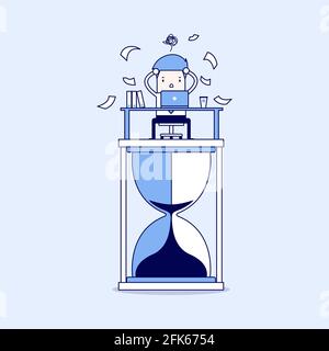 Geschäftsmann arbeiten hart am Computer auf großen Sanduhr Frist Konzept. Cartoon-Figur dünne Linie Stil Vektor. Stock Vektor