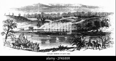 Gravur der 8. Pennsylvania Cavalry Kreuzung bei Ely's Ford vor der Schlacht von Chancellorsville Anfang 1863. Chancellorsville ist als Lees „perfekte Schlacht“ bekannt, weil seine riskante Entscheidung, seine Armee in Gegenwart einer viel größeren feindlichen Kraft zu teilen, zu einem bedeutenden Sieg der Konföderierten führte. Stockfoto