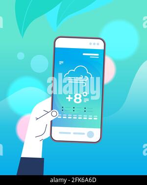 Menschliche Hand hält Smartphone mit der täglichen Temperatur mobile App Wetter Vorhersage und Meteorologie Stock Vektor