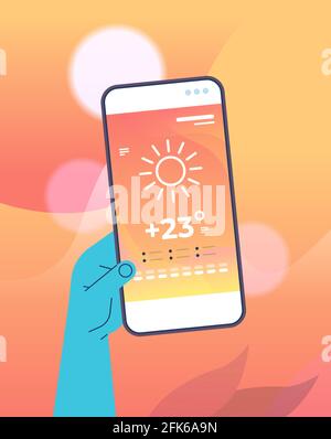Menschliche Hand hält Smartphone mit der täglichen Temperatur mobile App Wetter Vorhersage und Meteorologie Stock Vektor