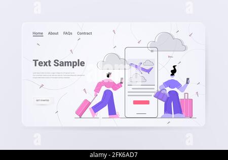 Weibliche Reisende mit Gepäckbuchungen, die online eine Fluggesellschaft buchen oder suchen Tickets in der mobilen App Reisen Tourismus Urlaub Stock Vektor