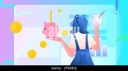 Geschäftsfrau hält Sparschwein mit goldenen Münzen verschiedener Währungen Konzept zur Einsparung von Investitionen Stock Vektor