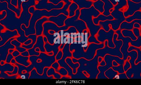 Flüssige rote abgerundete Formen sehen auf dunkelblauem Hintergrund wie Zellteilung aus. Abstrakte lebendige Illustration Muster Hintergrund und chaotische Textur Konzept Stockfoto